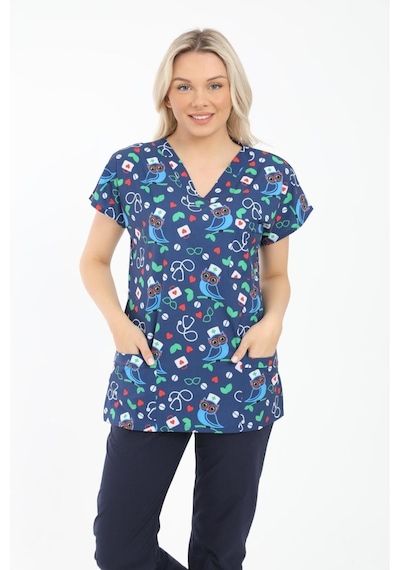 Likralı Cerrahi, Doktor, Hemşire, Veteriner, Dişçi, Desenli, Renkli Forma Tek Üst Scrubs