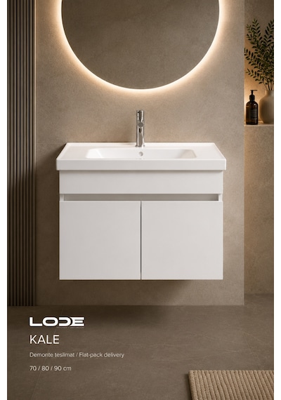 Kale 90cm Beyaz Demonte Lavabolu Alt Banyo Dolabı, Seramik Lavabo Dahil
