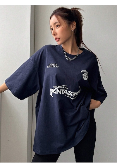 Fantastıc Süprem T-shirt - Lacivert Baskılı Oversize Bisiklet Yaka Tişört Lacivert-75049 Fantastıc Süprem T-shirt - Lacivert Baskılı Oversize Bisiklet Yaka Tişört Lacivert-75049