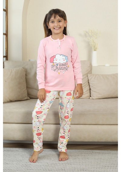 Miniğimin Cicileri Bulut Baskılı Düğmeli Kız Çocuk Pijama Tak... Pembe