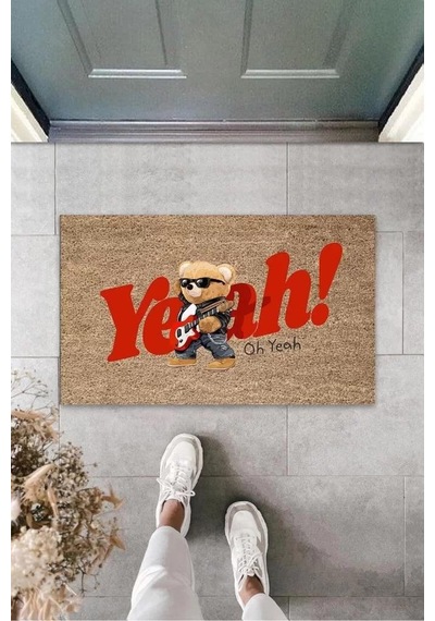 Dekoratif Dijital Oh Yeah Ayıcık Bej Kapı Paspası Dış Mekan Paspas K-3188 Renkli