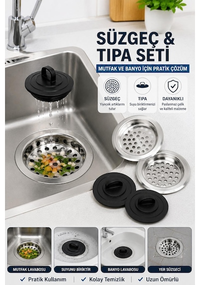 4 Parça Lavabo Süzgeç Ve Tıpa Seti Paslanmaz Çelik Mutfak Banyo Gider Süzgeci Gider Kapağı Çok Renkli