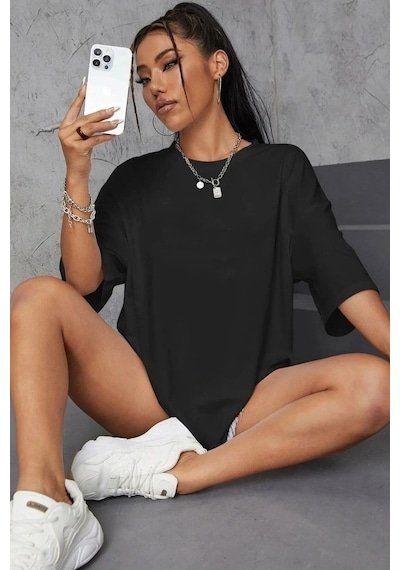 Tarzsokak Kadın Beyaz Love Yourself Baskılı Oversize T-shirt Siyah