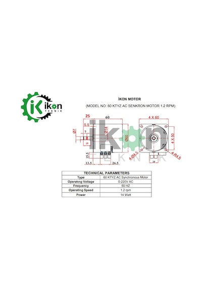 İkon Teknik AC SENKRON MOTOR 60 KTYZ 14 Watt 1.2 RPM 220 Volt