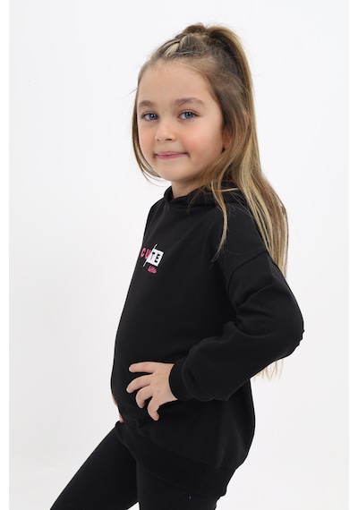 Kız Çocuk Relax Fit Kapüşonlu Düşük Omuz Baskılı Sweatshirt - 2 İplik Siyah