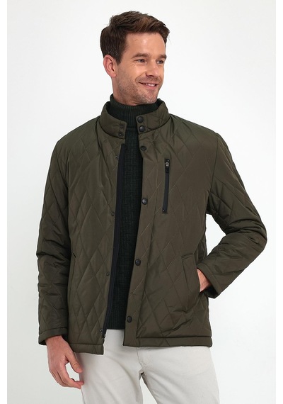 Sivaist Erkek Yeşil Standart Fit Normal Kesim Içi Kürklü Dik Yaka Çıtçıtlı Dolgulu Desenli Overcoat-Yeşil
