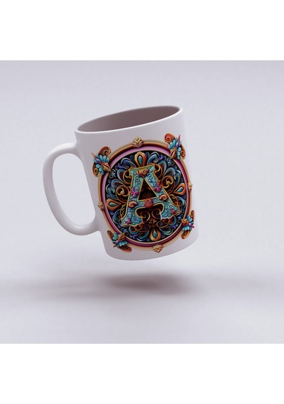 A Harfi Boho Bardak, Renkli Özel Tasarım Hediyelik Harfli Kupa, 330ml Porselen Beyaz
