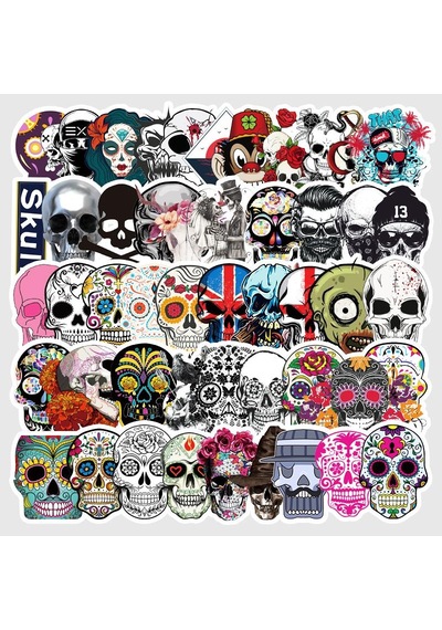 Cajuart 50 Adet Tekrarsız Kurukafa Tarz Pvc Retro Sticker
