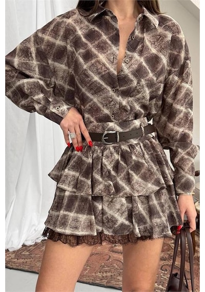 Neşeli Butik Kadın Kahverengi Gömlek Yaka Kat Kat Ekose Desen Mini Elbise Nbnp025 Kahverengi