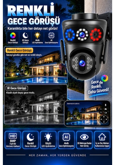 8mp Dual Lens Wifi Ptz Dış Mekan Güvenlik Kamerası Renkli Gece Görüş İnsan Takip Ip66 Rj45