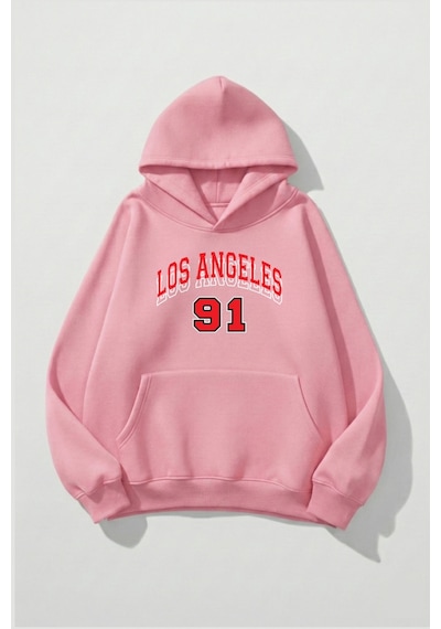 Uyguntarz Unisex Yumuşak Dokulu Los Angeles 91 Baskılı Tasarım Oversize 3 İplik Hoodie Sweatshirt Pembe