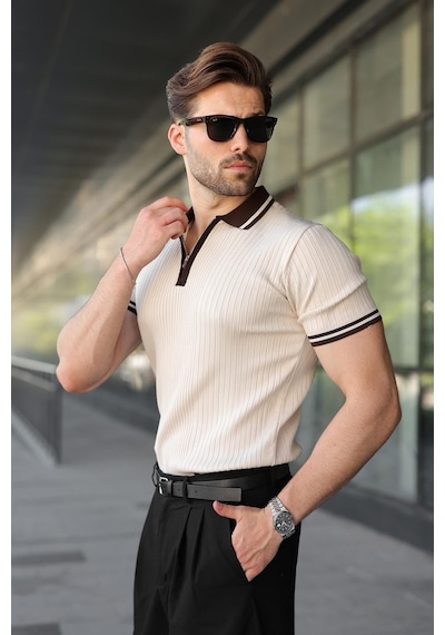Madmext Taş Rengi Yarım Fermuarlı Polo Yaka Triko Erkek Tişört E7501