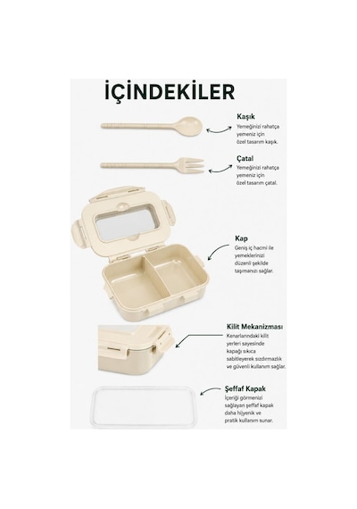 Piev Kilitli Sızdırmaz Çatal Kaşıklı 2 Bölmeli Beslenme Kabı Krem