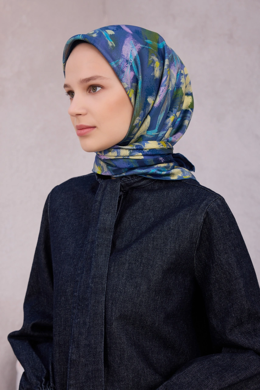 BELLİ Çiçek Desen İpek Twill Eşarp 4217d01 Lacivert
