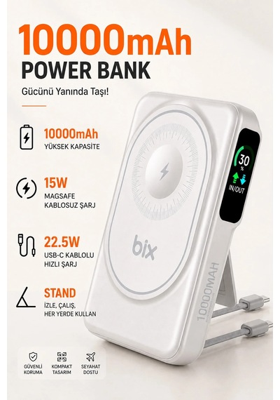 Diğer - Beyaz - Kablosuz Magsafe Powerbank 10000 Mah 20w Hızlı Şarj 15w Standlı Apple iPhone Uyumlu 12-13-14-15-16-17