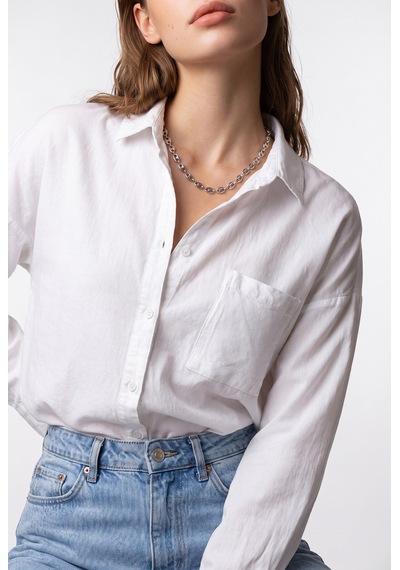 Mixray 4963 Kadın Tencel Kumaş Oversize Cepli Uzun Kollu Gömlek Beyaz