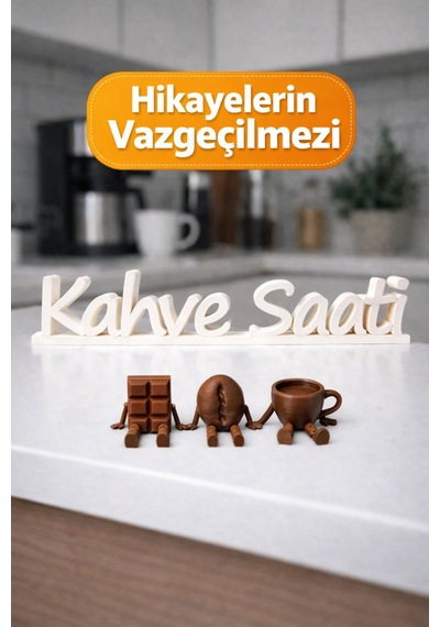 Kahve Saati Dekoratif Yazı + Sallanan Ayaklı 3 Lü Figür Seti Kahve Köşesi Mutfak Süs