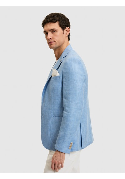Cacharel Mavi Slim Fit Yün Keten Karışımlı Mikro Desen Mono Yaka Ceket