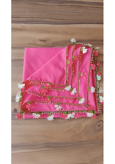 El Emeği İğne Oyalı Pembe Yazma / Yemeni - Çiçek Motifli Çeyizlik Eşarp Açık Pembe - Pembe