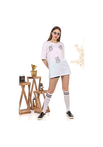Kadın Oversize Taş Işlemeli Minik Ayıcık Baskılı Tshirt (534304862)