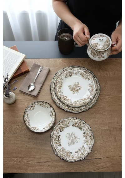 Akayev Porselen Vintage Brown 24 Parça Yemek Takımı Kahverengi