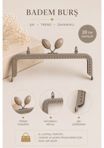 Vollen Yarn Metal Badem Model Çanta Bursu 20 Cm El Çantası Çerçevesi Portföy Cüzdan Klipsi Çanta Aparatı Ekru