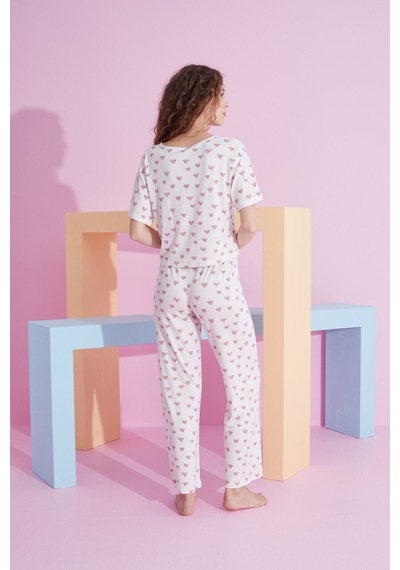 Siyah İnci Likralı Örme Pijama Takım 7803 Beyaz Kalp