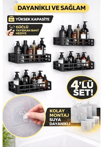 Duş İçi Yapışkanlı Banyo Rafı 4 Lü Set Delme Yok Güçlü Yapışkan Bantlı Organizer Siyah