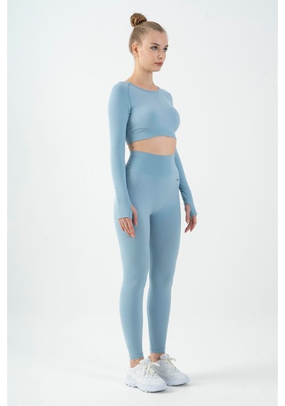 Maraton Active Slimfit Kadın Bisiklet Yaka Uzun Kol Training Sislimavi Crop Top 816005 Mavi
