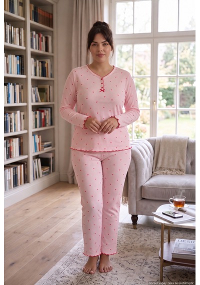 Seboteks Fitilli Kaşkorse Kumaş Uzun Kollu Büyük Beden Kadın Pijama Takımı 2990 Pudra