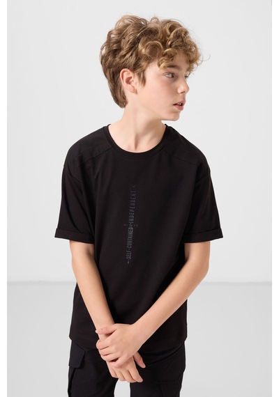 Tommylife Siyah Pamuklu Yumuşak Dokulu Oversize Baskılı Erkek Çocuk T-shirt - 11301 Siyah