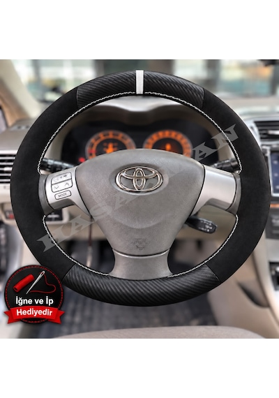 Toyota Corolla E120 Dikme Direksiyon Kılıfı Alcantara Süet Mat Karbon Beyaz Yüzük Ve Dikiş 2002-2007 Siyah