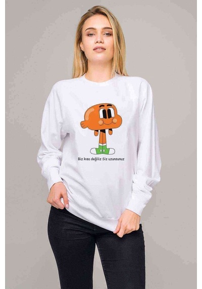 Gumball Biz Kısa Degiliz Siz Uzunsunuz Baskılı Beyaz Kadın Sweat