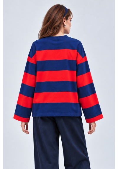Hiccup Bıpantolon Kadın Oversize Çizgili Bisiklet Yaka Sweatshirt Çok Renkli