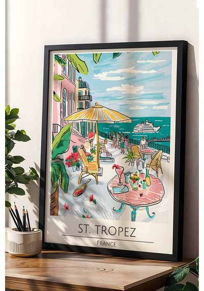 Fransa St. Tropez Temalı Çerçeveli Tablo Travel Serisi Modern İllüstrasyon Sahil Duvar Dekoru Siyah