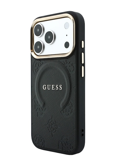 Apple iPhone Uyumlu 18 Pro Max Kılıf Guess Lisanslı M-safeli Yazı Logolu C-magnet Pu Deri Peony Kapak Siyah