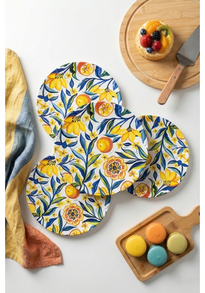 Grandora Renkli Narenciye Çiçek Desenli 6 Adet, 27 Cm Servis Tabağı Pasta, Tatlı, Kahvaltı Tabağı Seti Çok Renkli