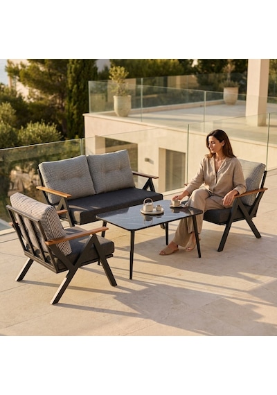 Venedik 2+1+1+sehpa Metal Balkon Takımı Keten Dokulu Kumaş Siyah Metal - Bahçe Teras Oturma Grubu