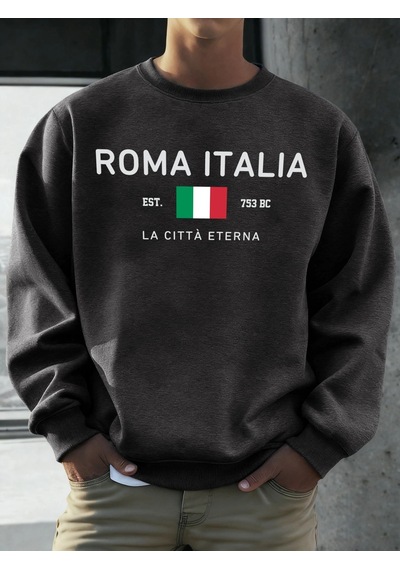 Startmore Tarzsokak Roma Italia Est.753 Baskılı Kazak Erkekler Bisiklet Yaka Polar Giyim Gevşek Sonbahar Kazaklar Antrasit