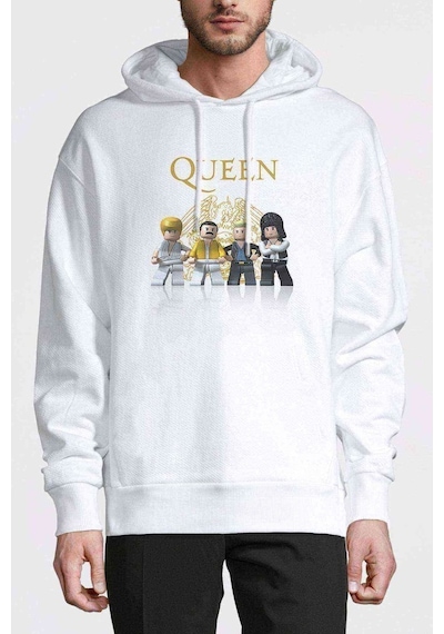 Queen Lego Baskılı Beyaz Erkek Örme Kapşonlu Sweatshirt