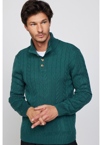 Tudors Erkek Slim Fit Dar Kesim Yumuşak Dokulu Desenli Dik Yaka Düğmeli Triko Yeşil Kazak-29889 Yeşil