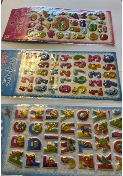 Eğitici Çocuk Sticker Etiket Oyunu 3 Kartela Birden Alfabe Rakam ve Meyveler