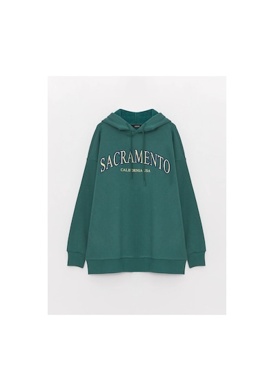 LC Waikiki Baskılı Uzun Kollu Oversize Kadın Hoodie Yeşil