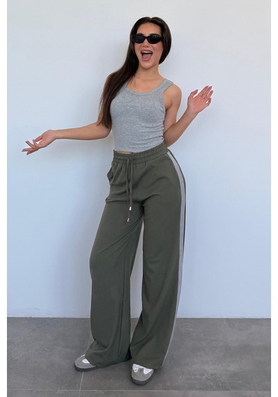 Madmext Haki Şerit Detaylı Bol Paça Kadın Pantolon Mg2441 Haki