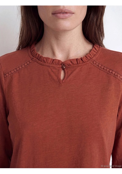 LC Waikiki Lcw Grace Turuncu Fırfırlı Bisiklet Yaka Nakışlı Bluz Burnt Orange