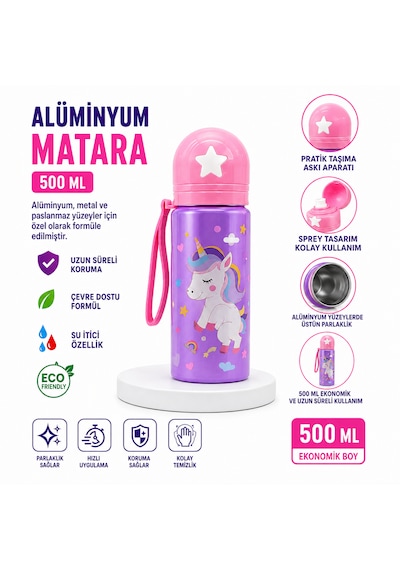 Alüminyum Matara 500 Ml Çocuk Su Matarası Pipetli Sızdırmaz Dayanıklı Taşıma İpli Mor