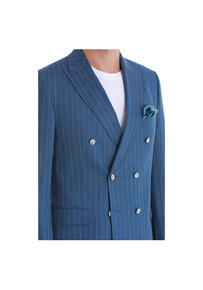 Hatemoğlu Mavi Slim Fit Çizgili Kruvaze Takım Elbise 33223024c014 65 Mavi