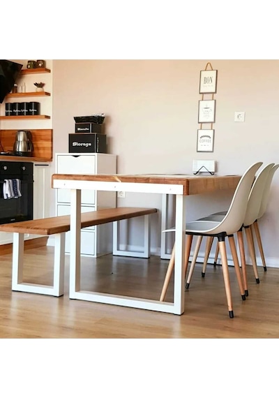Doğal Ahşap Mutfak Masası 4 Kişilik 70-120-76 Cm Beyaz Metal Ayak