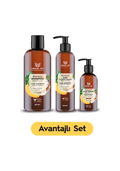 Ashley Joy Niacinamide & Keratin Banana Şampuan 400 ML + Saç Kremi 250 ML + Serum 100 ML