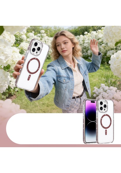 Apple iPhone Uyumlu 14 Pro Max Kılıf Taşlı Simli Magsafe Kamera Yükseltili Silikon Pazarplus Mürdüm